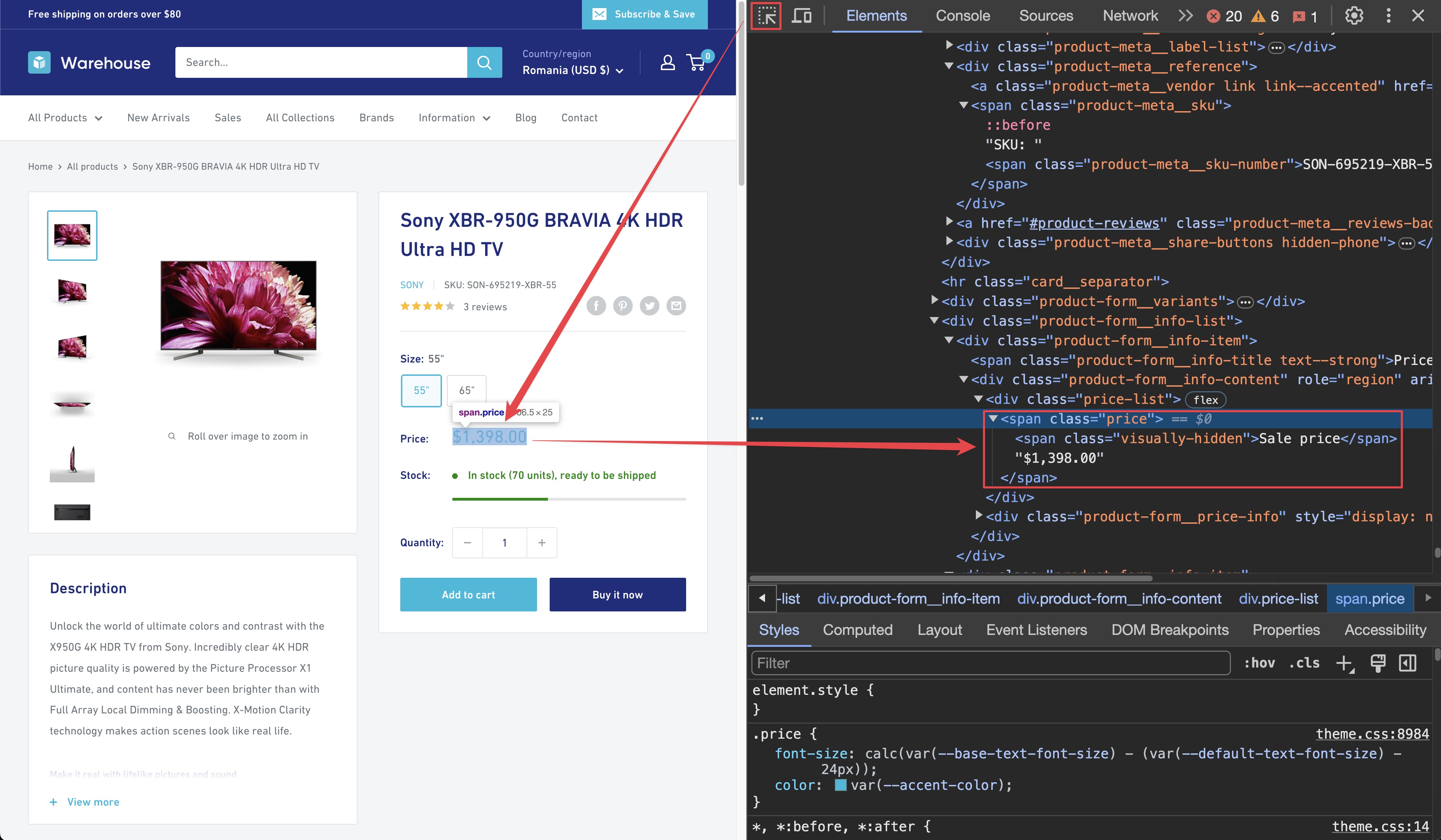 Finding product current price in DevTools. product current price selector