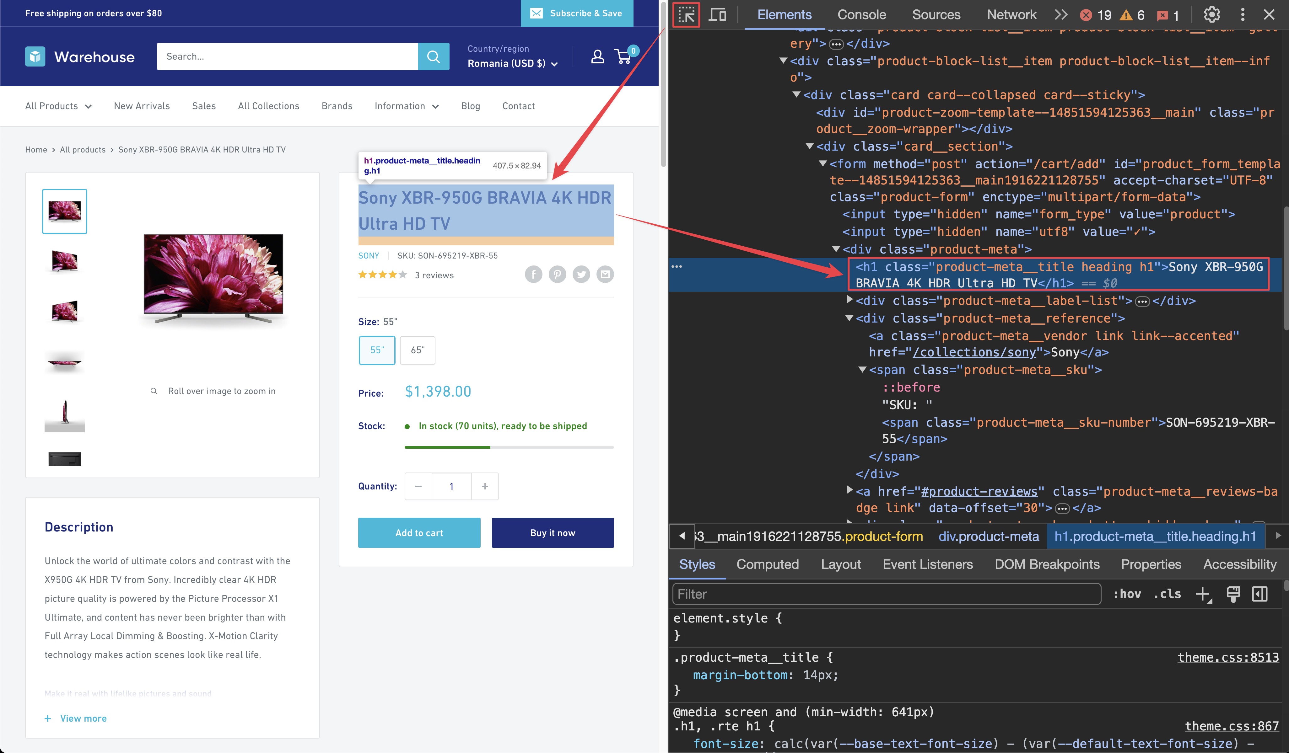 Finding product title in DevTools. product title