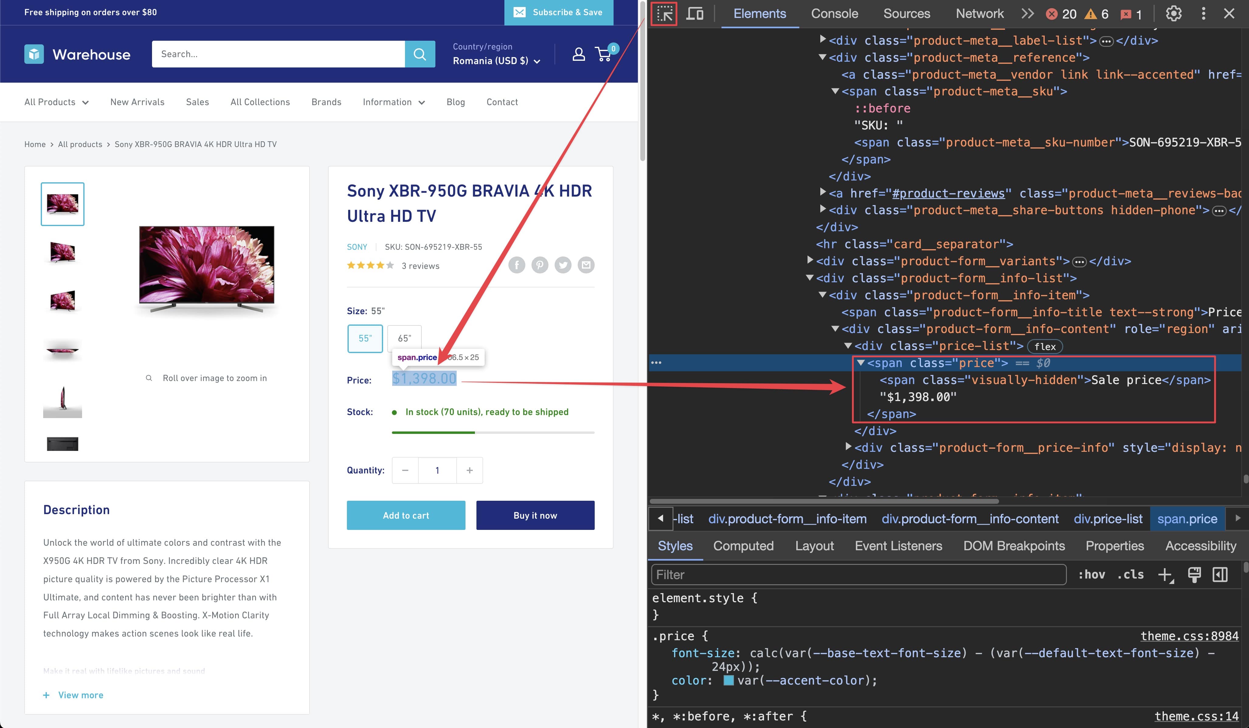 Finding product current price in DevTools. product current price selector
