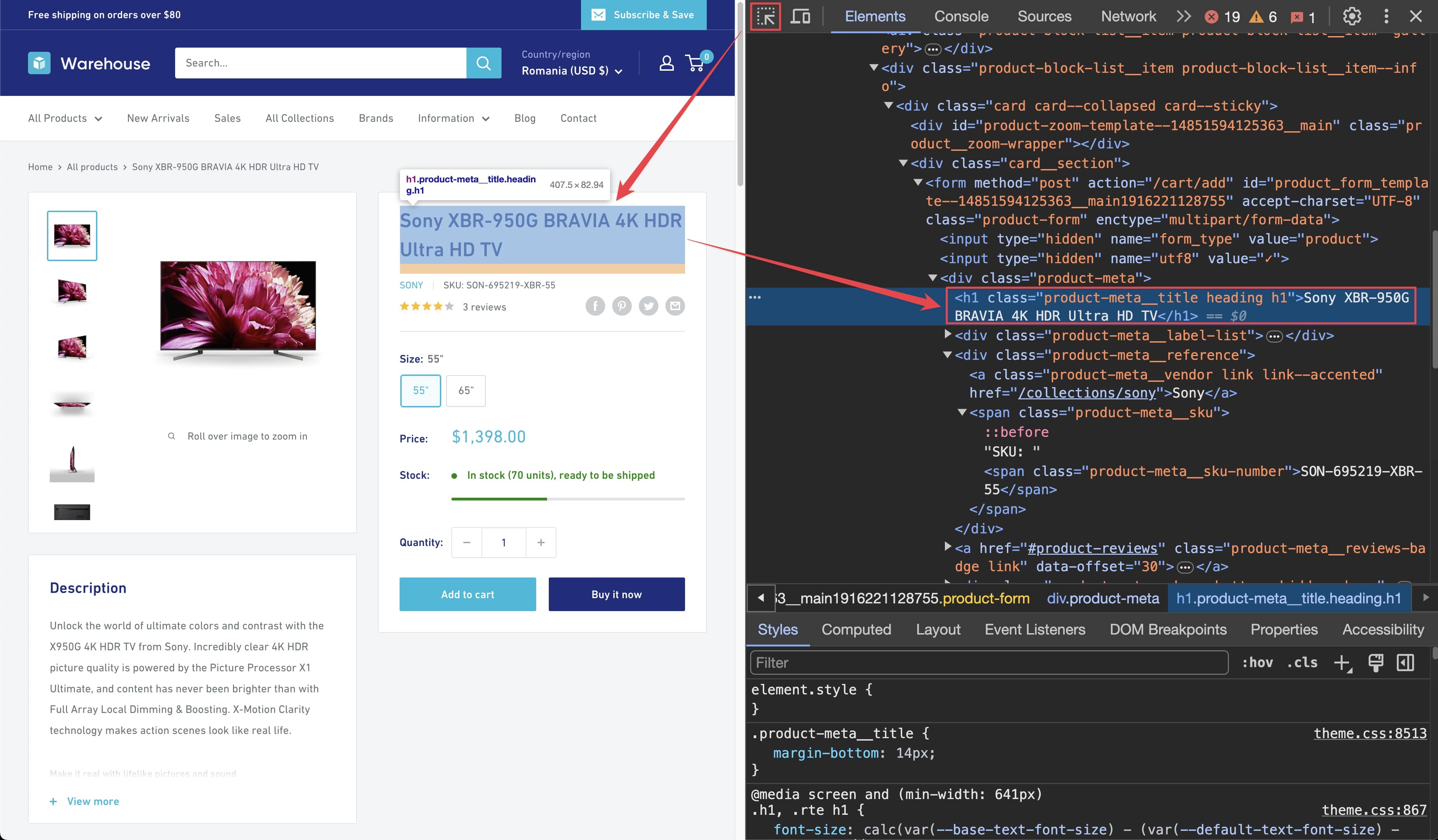 Finding product title in DevTools. product title